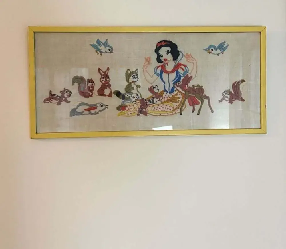 Vintage Embroidered Snow White Woodland Animals Framed Needlepoint Art